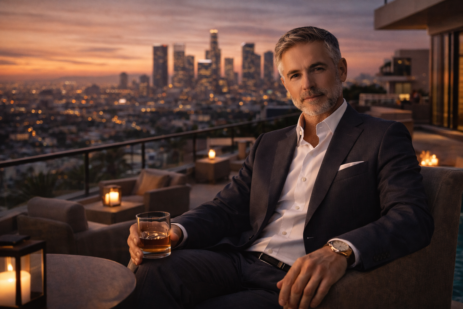 Premium Los Angeles editorial atmosphere with an upscale terrace and broad metro skyline for the daddy city page.
