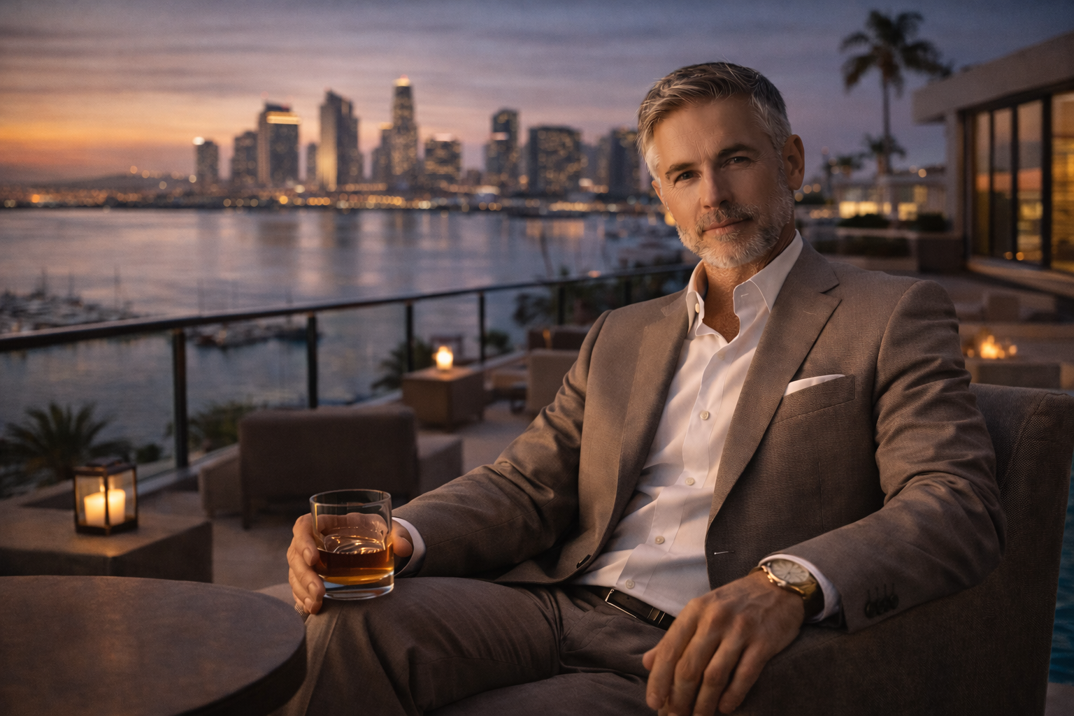 Premium San Diego coastal editorial scene with a refined marina terrace for the daddy city page.