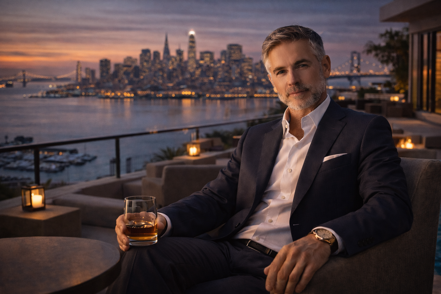 Premium San Francisco editorial atmosphere with a refined hotel lounge and deliberate urban skyline for the daddy city page.