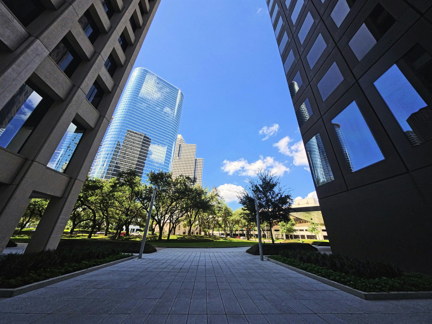 Houston downtown courtyard with modern glass towers for the daddy Houston city guide.